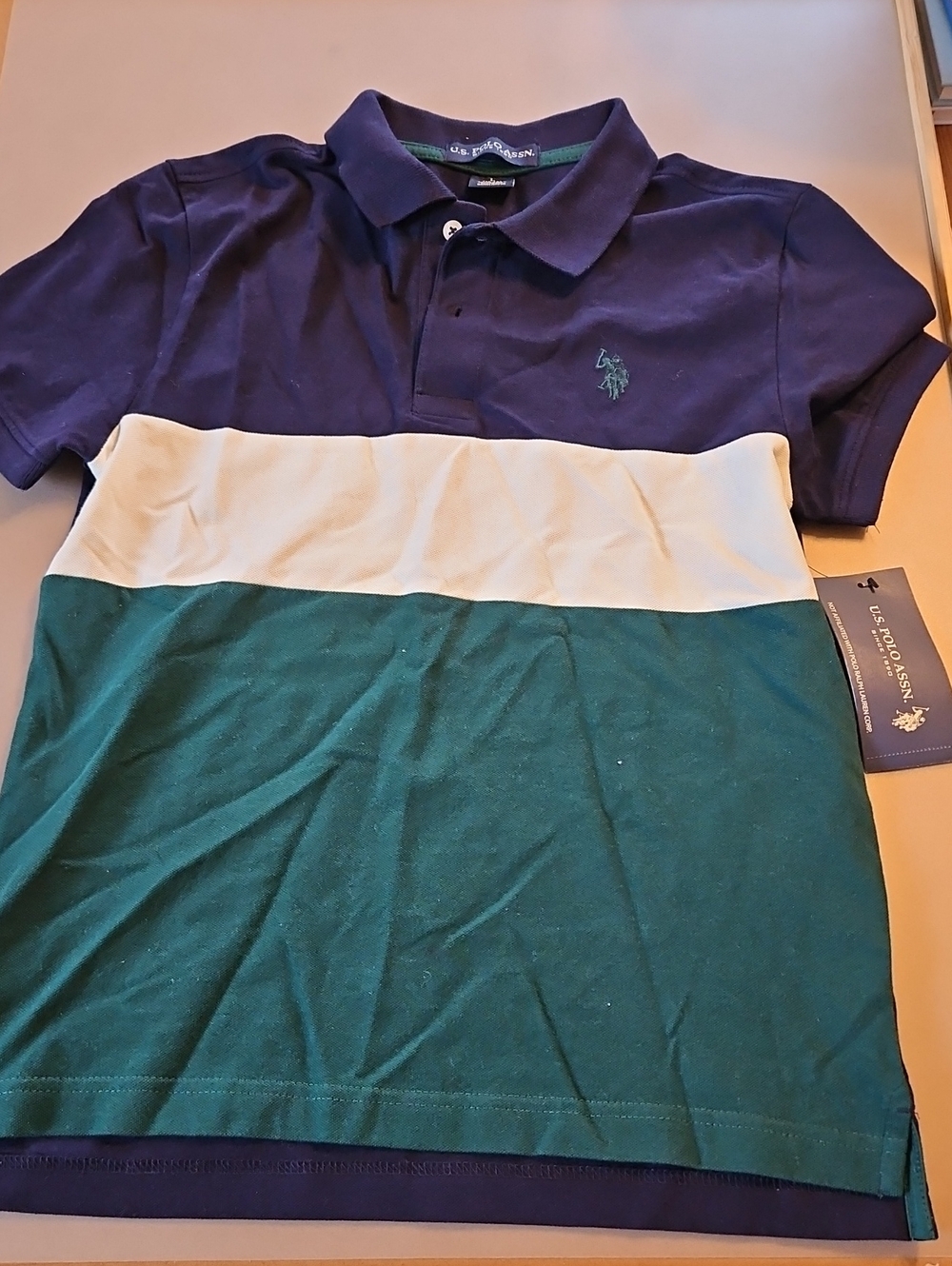 U.S. Polo Assn. Boys' Navy, White & Green Colorblock Polo Shirt, Size LARGE